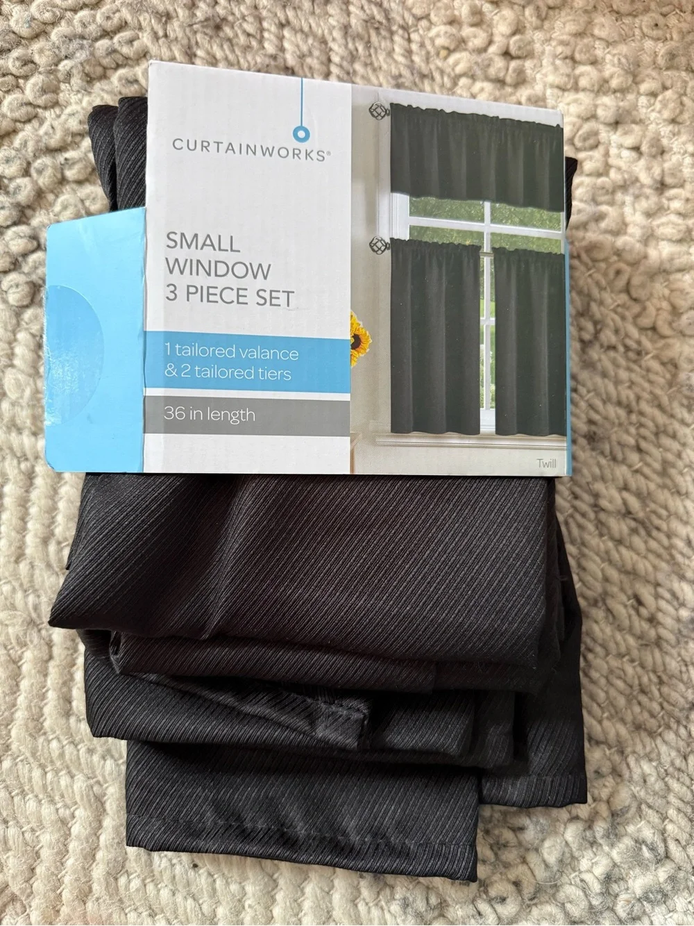 Small Window 3-Piece Set - Black Twill one tailored valance two curtains 56”x36“